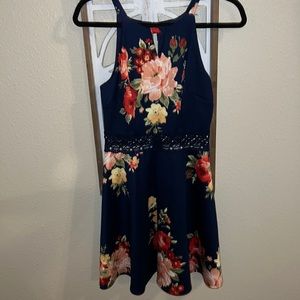 Floral navy blue dress with mesh/cutout  waist band